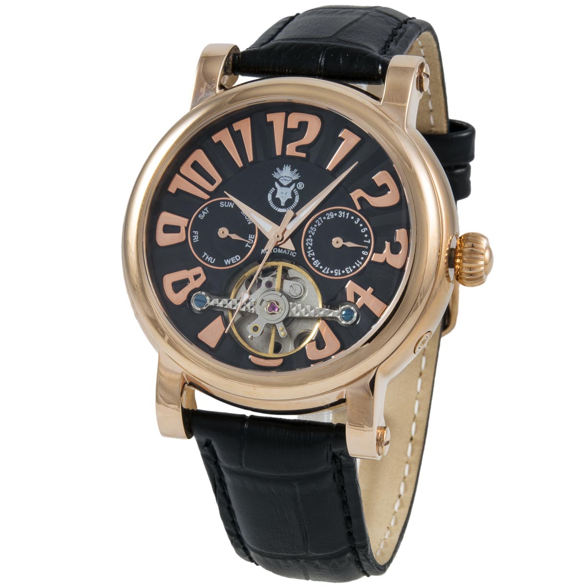 K.V. Fuchs Design Herren Automatikuhr Edelstahl Armbanduhr in rotgold, schwarz mit Lederarmband in schwarz »KVFJ« K.V. Fuchs Design Herren Automatikuhr Edelstahl Armbanduhr in rotgold, schwarz mit Lederarmband in schwarz »KVFJ«