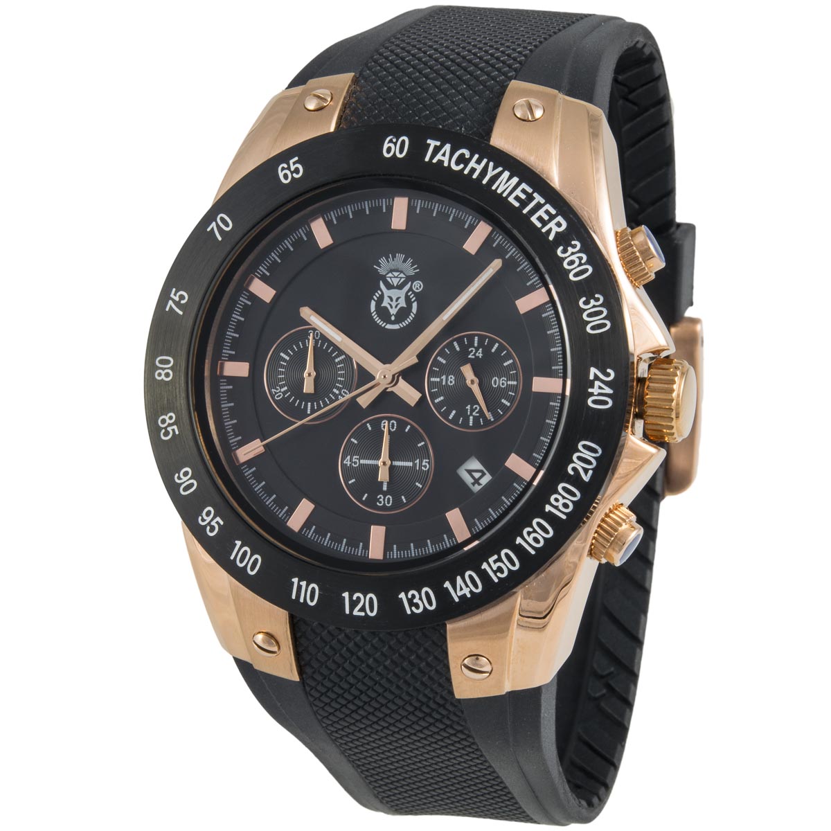 K.V. Fuchs Design Herren Chronograph Armbanduhr mit 24h-Anzeige und Stoppfunktion in rotgold, schwarz mit Silikonarmband in schwarz »CH-129-01-Rotgold« K.V. Fuchs Design Herren Chronograph Armbanduhr mit 24h-Anzeige und Stoppfunktion in rotgold, schwarz mit Silikonarmband in schwarz »CH-129-01-Rotgold«