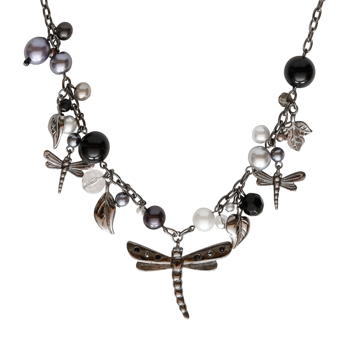 K.V. Fuchs Design Schmuck Damen Halskette in silber mit Schmetterling, Perlen in grau, schwarz, weiß und Zirkonia in grau, schwarz »K-3001«