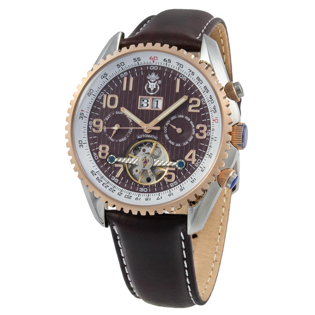 K.V. Fuchs Design, Armbanduhr, Herren, analog, Echtleder, braun, Glasboden, Datum, Monat, Tag, 5 ATM - 14041530 K.V. Fuchs Design, Armbanduhr, Herren, analog, Echtleder, braun, Glasboden, Datum, Monat, Tag, 5 ATM - 14041530