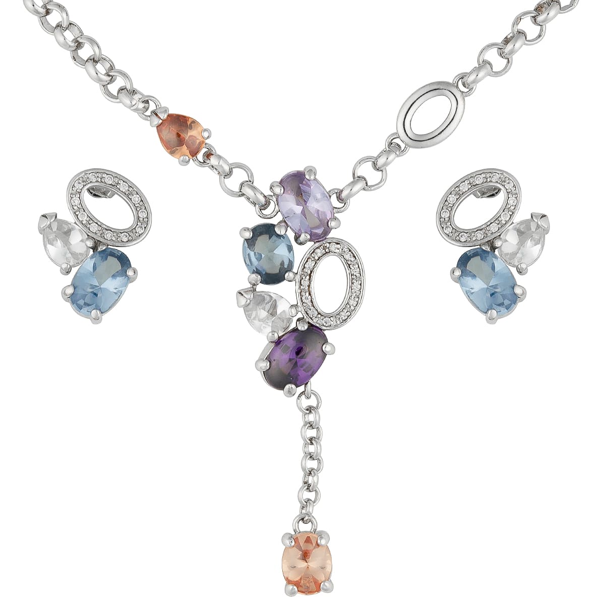 K.V. Fuchs Design Schmuck Damen Set Halskette und Ohrringe in silber mit Schmucksteinen in blau, topas, violett, weiß »Set-4510«