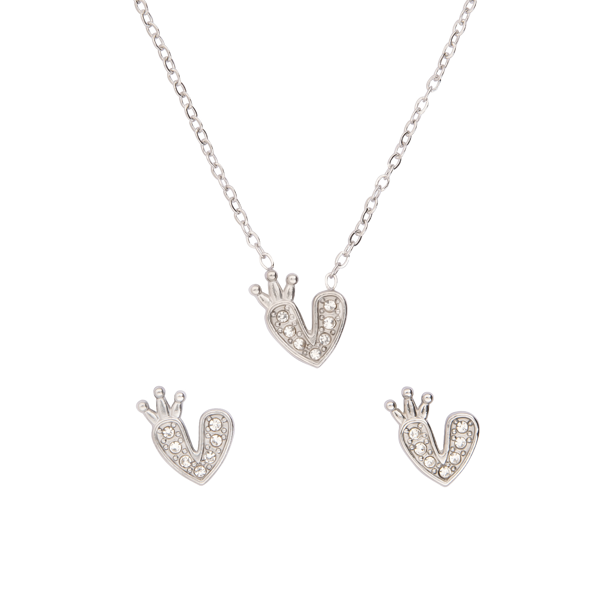 K.V. Fuchs Design Damen Schmuck-Set aus Edelstahl in Silber - Kette & Ohrstecker Herz mit Krone und weißen Steinen - 14041988 K.V. Fuchs Design Damen Schmuck-Set aus Edelstahl in Silber - Kette & Ohrstecker Herz mit Krone und weißen Steinen - 14041988