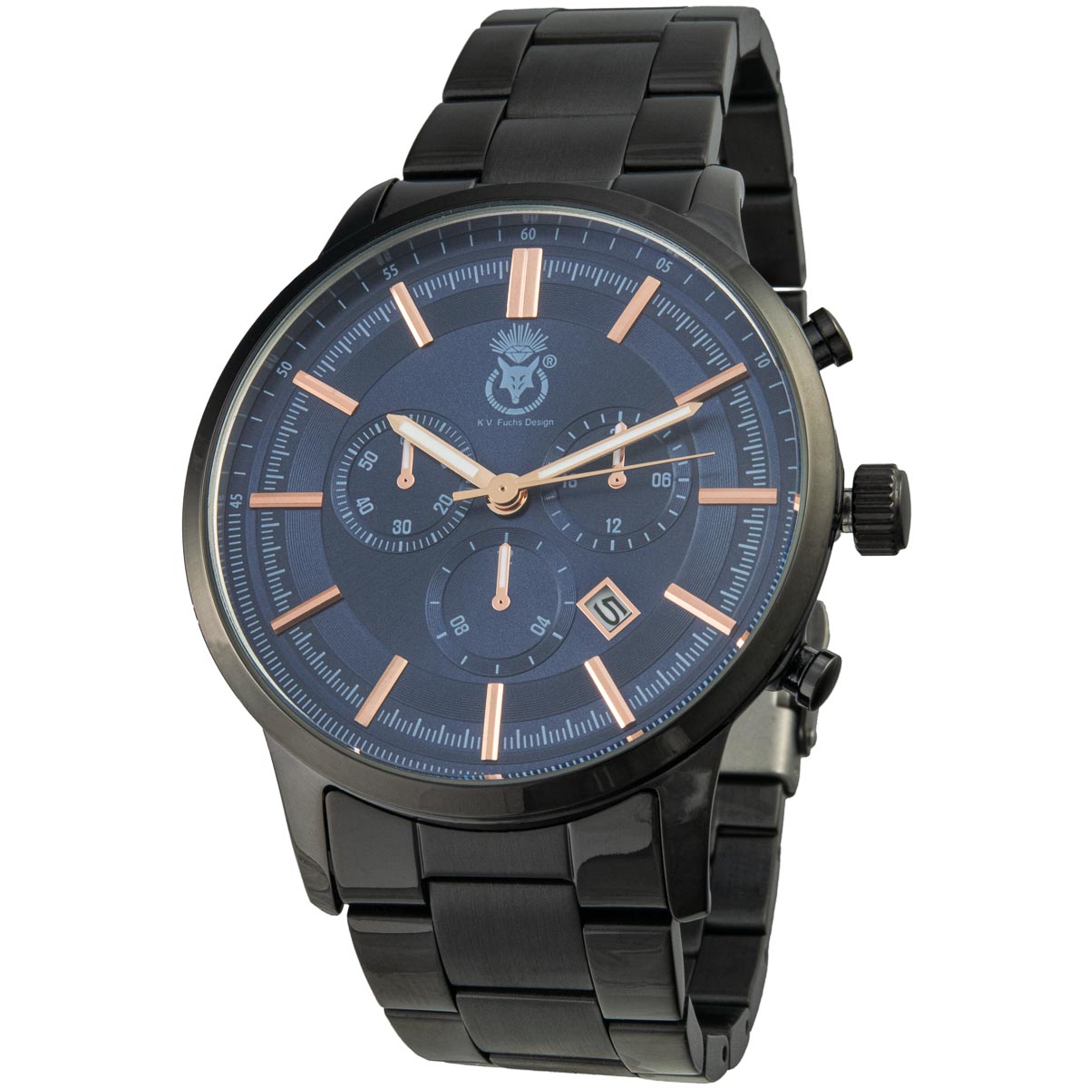 K.V. Fuchs Design Herren Quarzuhr analog Armbanduhr mit Faltschließe in schwarz, blau mit Edelstahlarmband in schwarz »U-79-01-Blau«