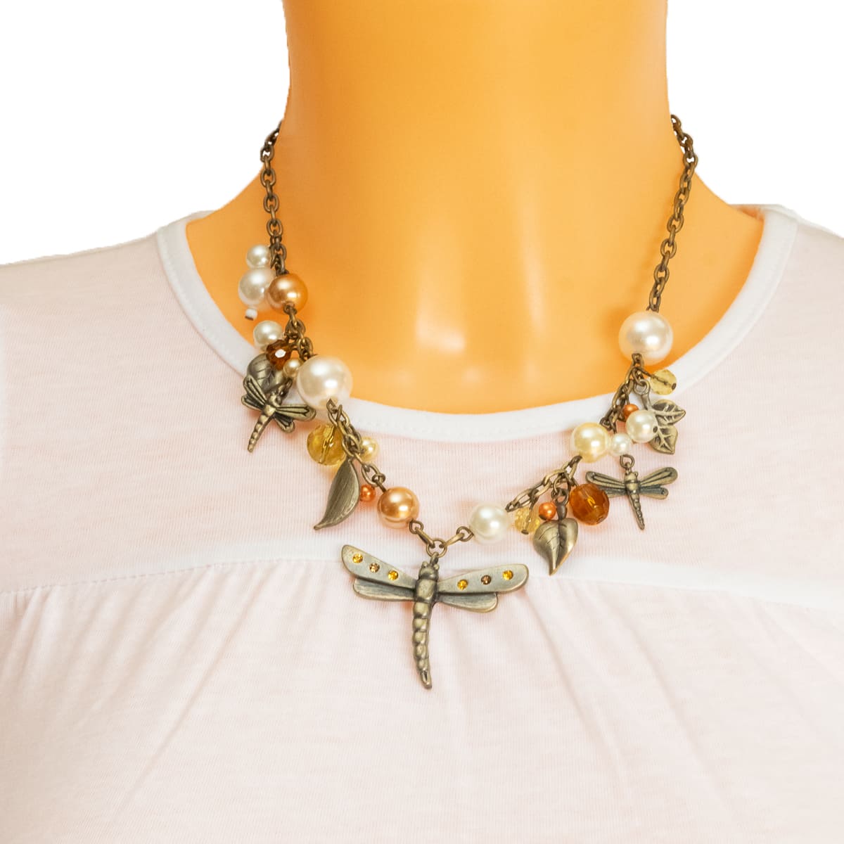 K.V. Fuchs Design Schmuck Damen Halskette in gold, kupfer mit Schmetterling, Perlen in gold, orange, weiß und Zirkonia in orange, topas »K-3001«