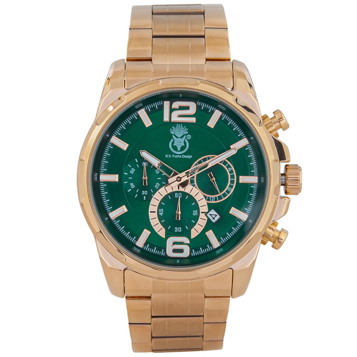 K.V. Fuchs Design Herren Quarzuhr analog Armbanduhr mit Faltschließe in rotgold, grün mit Edelstahlarmband in rotgold »U-99-02-Grün-Rotgold« K.V. Fuchs Design Herren Quarzuhr analog Armbanduhr mit Faltschließe in rotgold, grün mit Edelstahlarmband in rotgold »U-99-02-Grün-Rotgold«