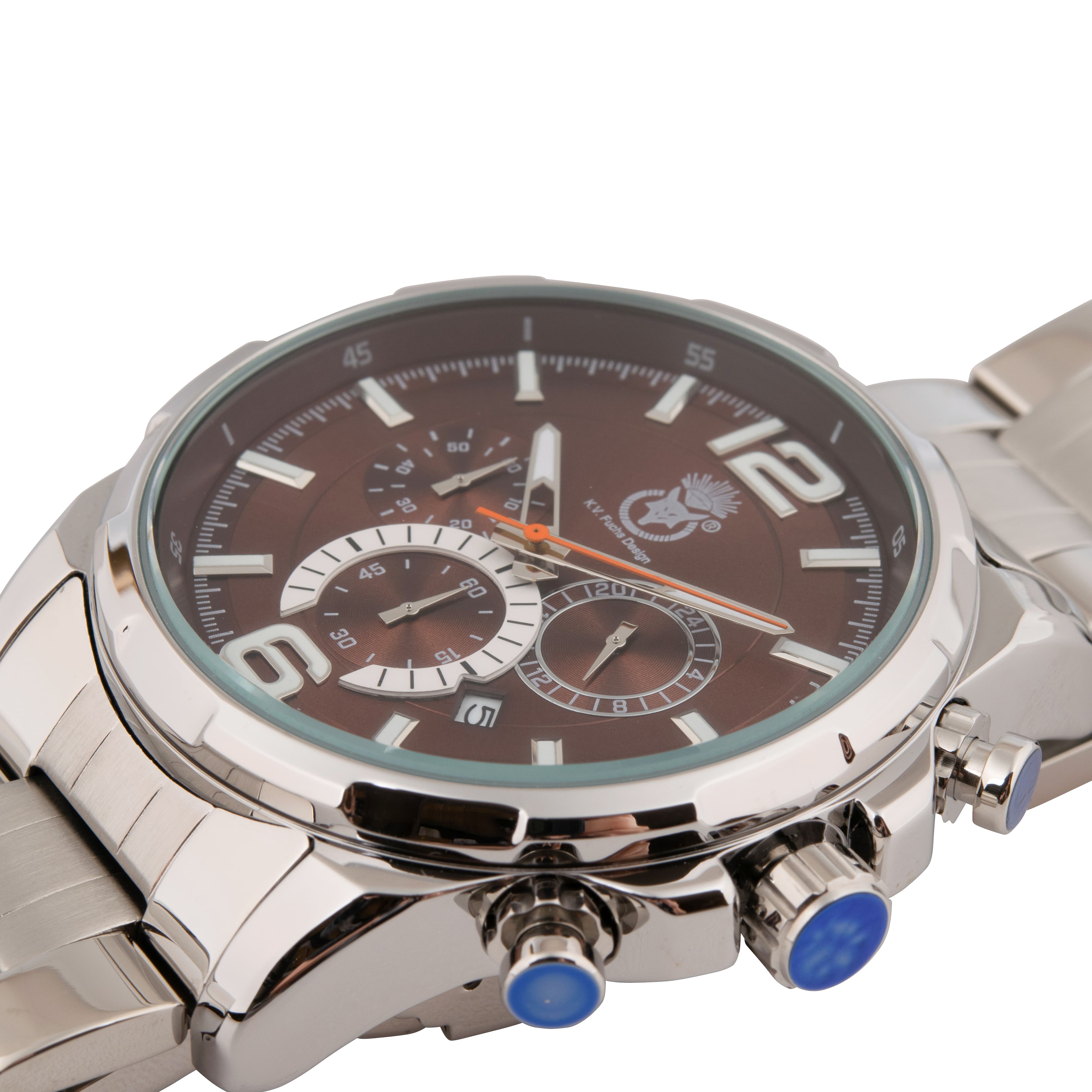 K.V. Fuchs Design Herren Quarzuhr analog Armbanduhr mit Faltschließe in braun, silber mit Edelstahlarmband in silber »U-99-02-Braun-Silber«