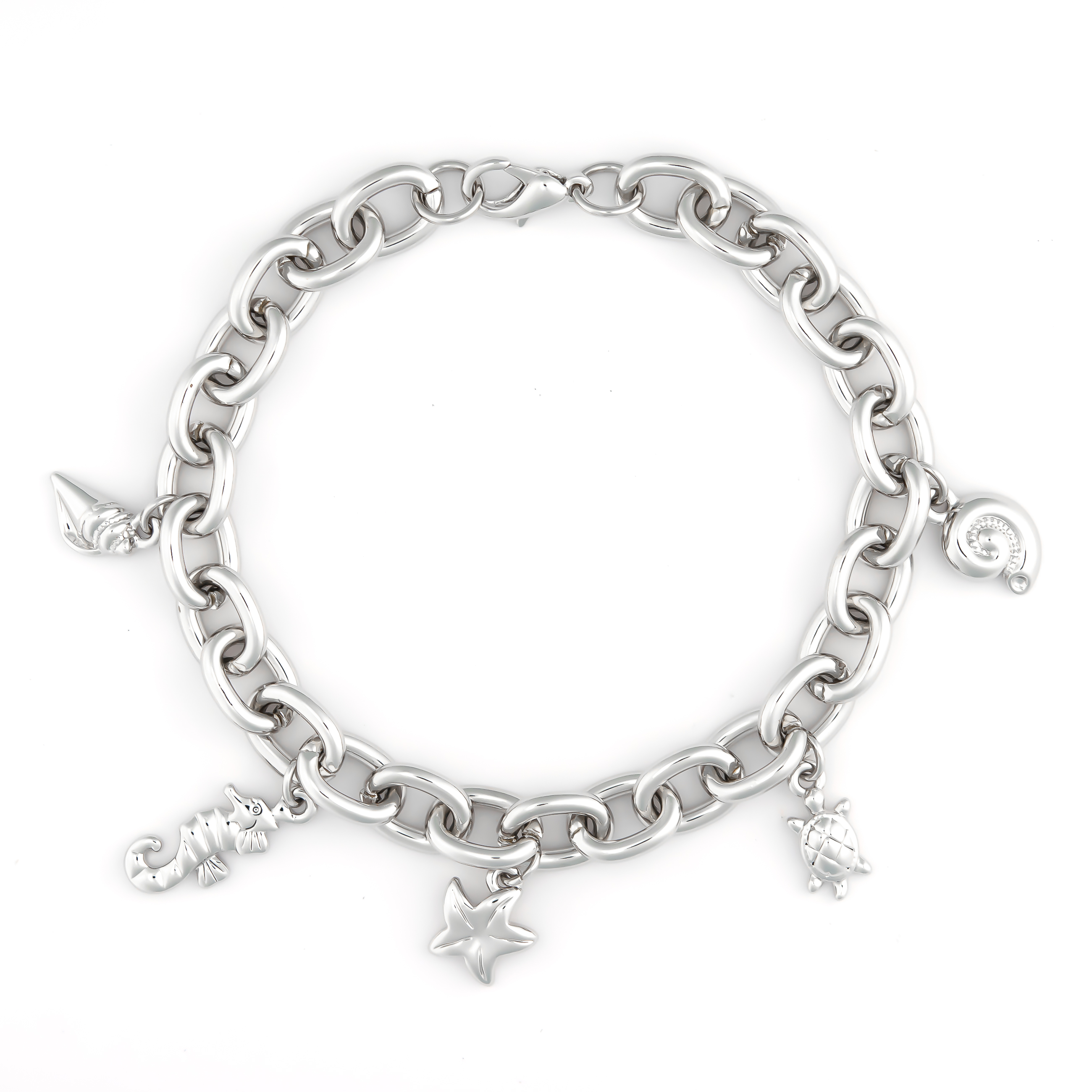 K.V. Fuchs Design Schmuck Damen Bettelarmband mit Muschel-Seepferd-Seestern-Schildkröte in silber »A-22-25«