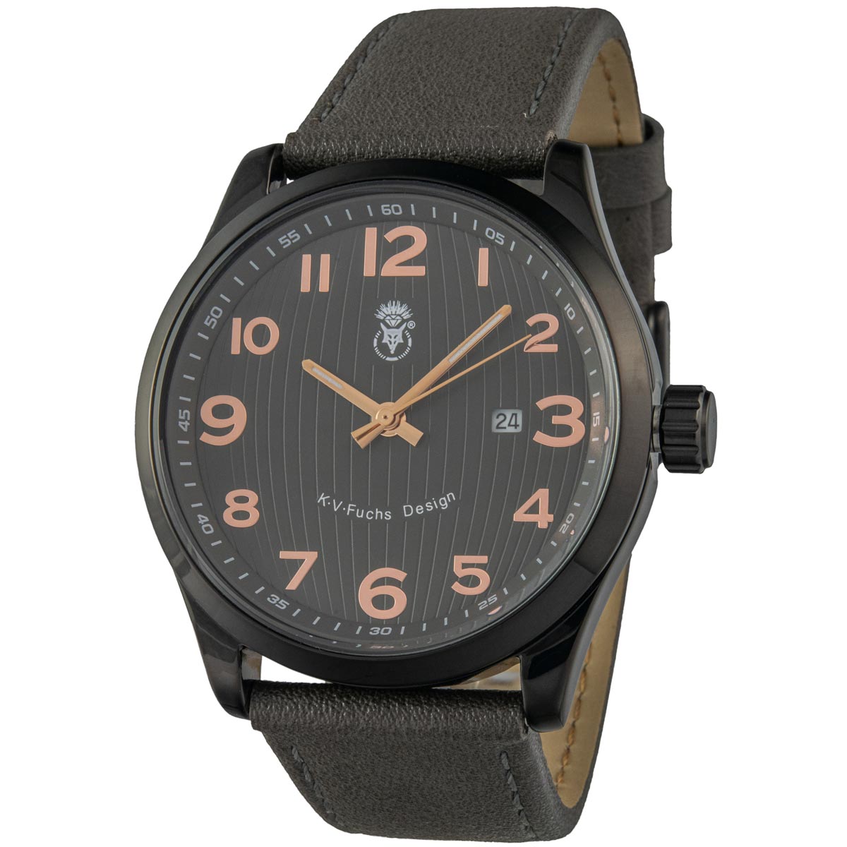K.V. Fuchs Design Herren Quarzuhr analog Armbanduhr in schwarz, grau mit Lederarmband in grau »U-44-25-Schwarz«