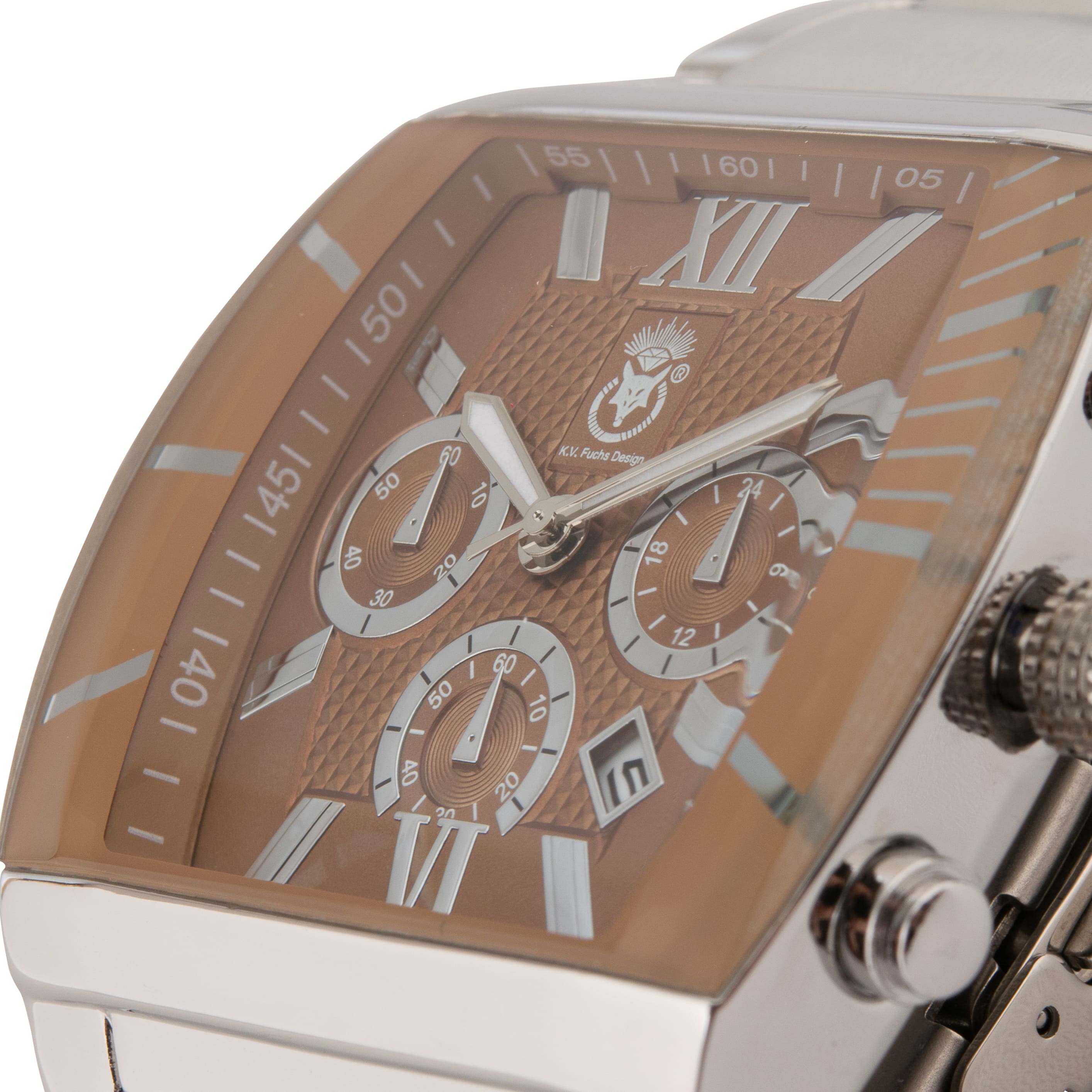 K.V. Fuchs Design Herren Quarzuhr analog Armbanduhr mit Faltschließe in braun, silber mit Edelstahlarmband in silber »U-99-01-Braun-Silber«