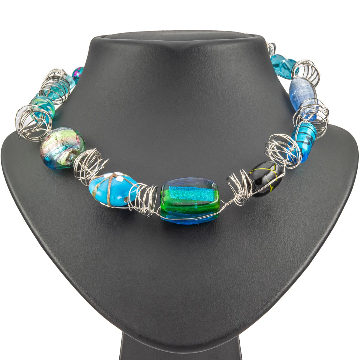 K.V. Fuchs Design Schmuck Damen Halskette in silber mit gewickeltem Draht und Schmucksteinen in verschiedenen Blautönen »K-3502«