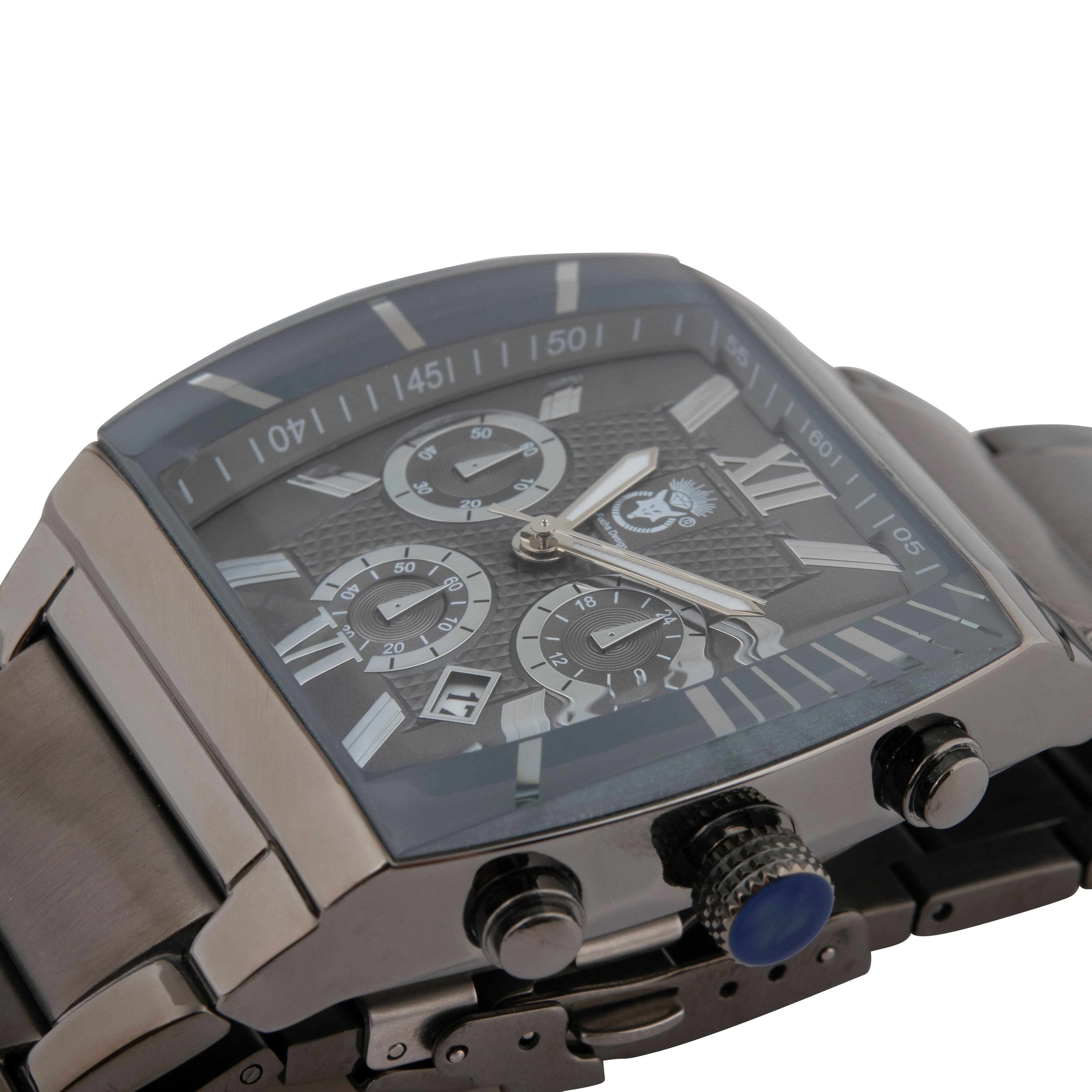 K.V. Fuchs Design Herren Quarzuhr analog Armbanduhr mit Faltschließe in grau mit Edelstahlarmband in grau »U-99-01-Grau-Grau«