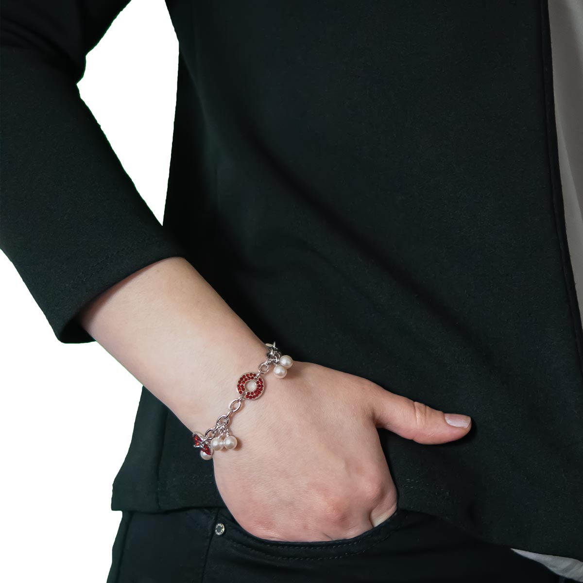 K.V. Fuchs Design Schmuck Damen Armband in silber mit Zirkonia in rot und Perlen in perlmutt »A-22-35«