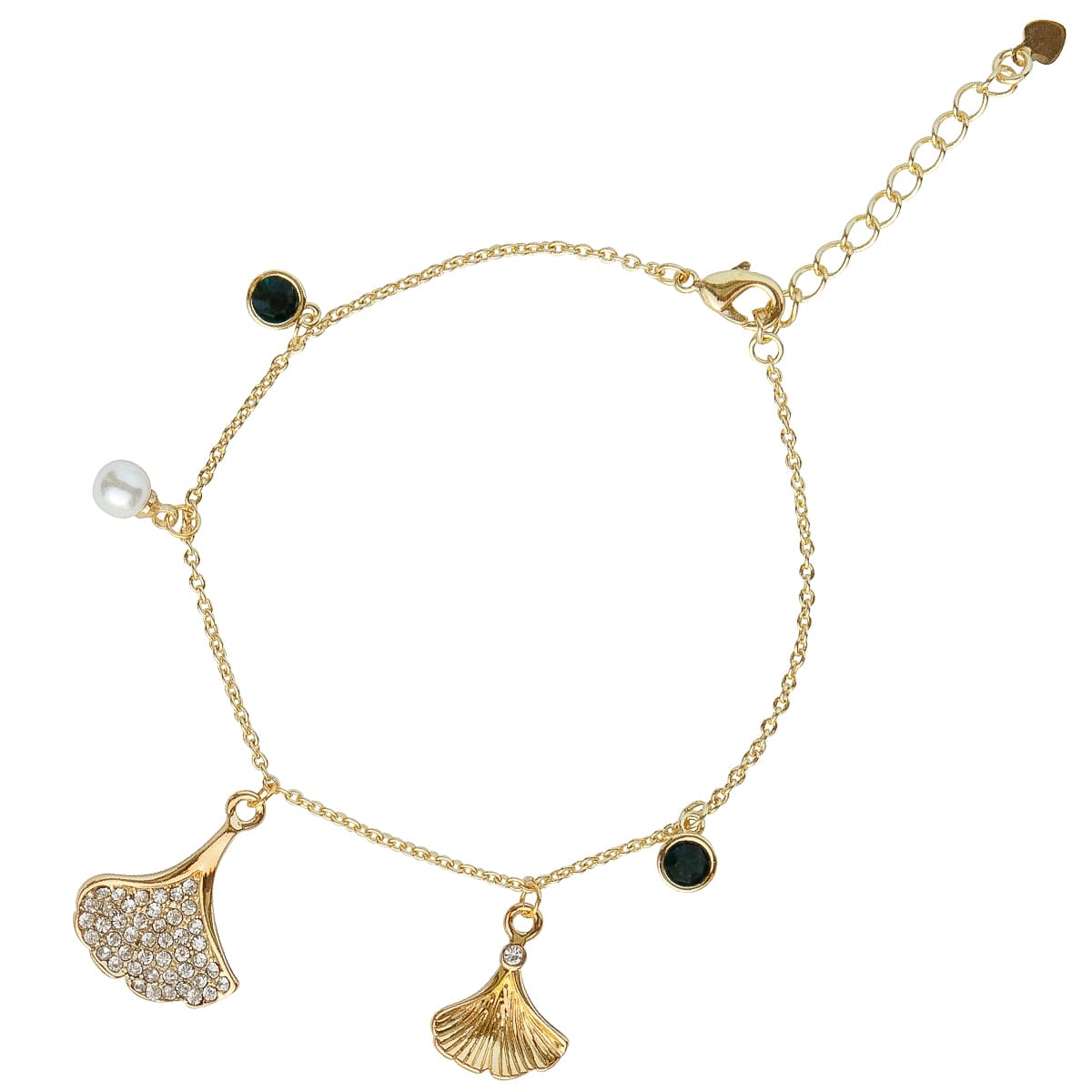 K.V. Fuchs Design Schmuck Damen Armband mit Ginkgo-Blättern in gold mit Zirkonia in weiß und Perle in weiß  »A-22-39«