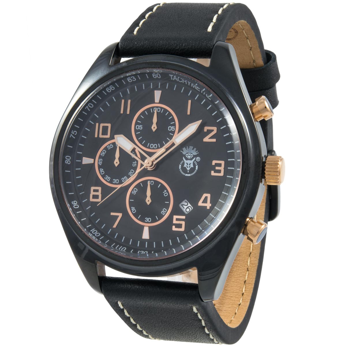 K.V. Fuchs Design Herren Chronograph Armbanduhr mit Datum, Stoppfunktion in schwarz, silber mit Lederarmband in schwarz »CH-149-03-Schwarz«