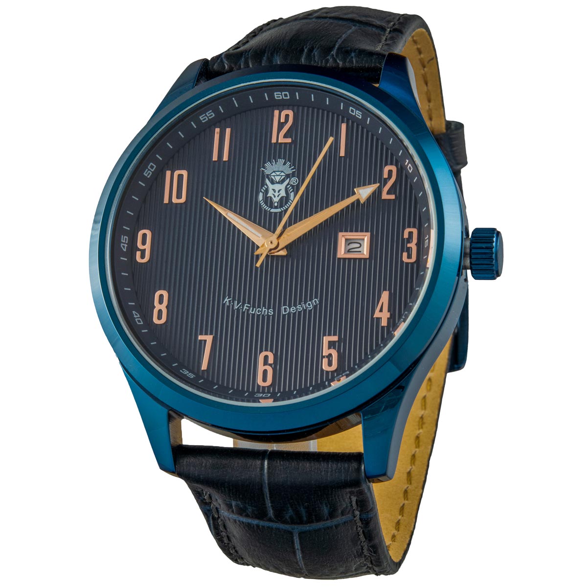 K.V. Fuchs Design Herren Quarzuhr analog Armbanduhr in blau mit Lederarmband in blau »U-79-02-Blau«