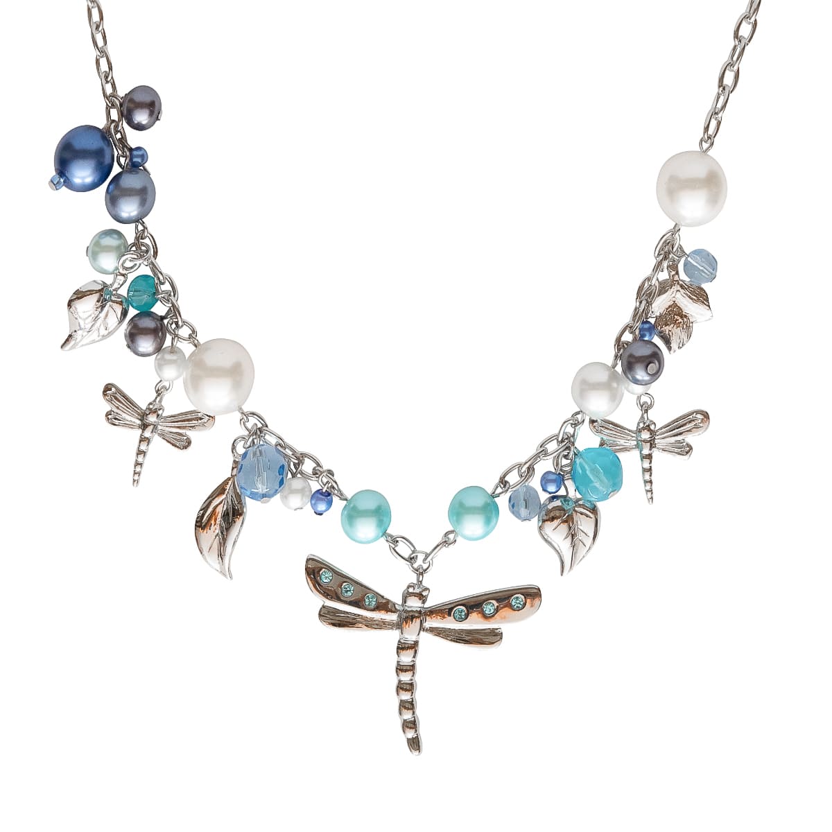 K.V. Fuchs Design Schmuck Damen Halskette in silber mit Schmetterling, Perlen in blau, grau, türkis, weiß und Zirkonia in blau »K-3001«