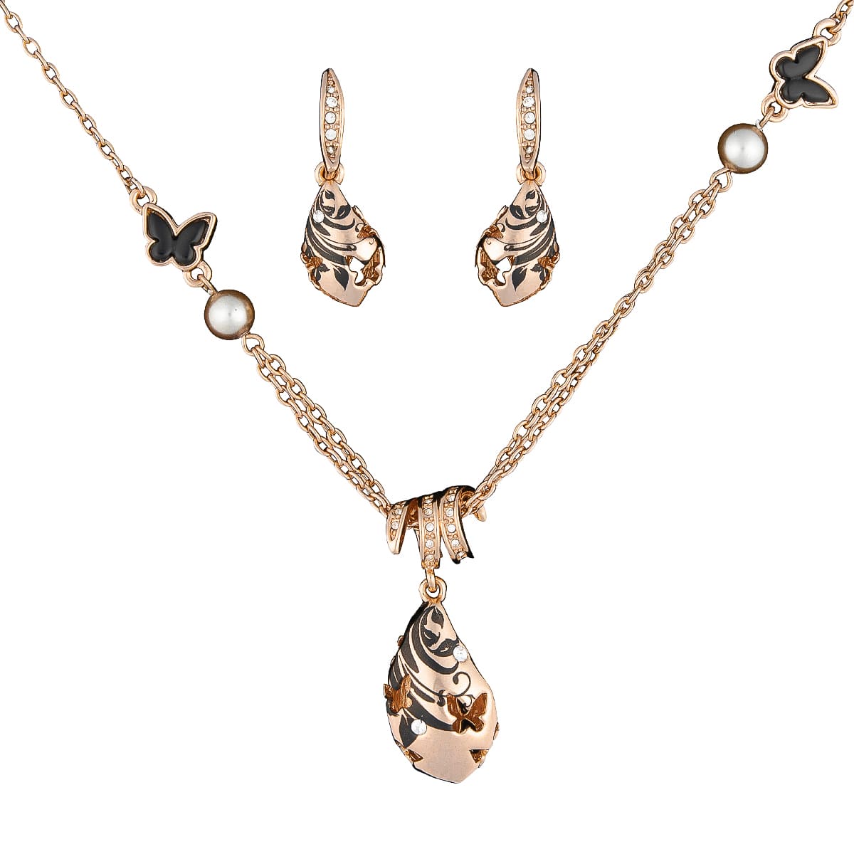 K.V. Fuchs Design Schmuck Damen Set Halskette und Ohrringe in rotgold mit Perlen in weiß und Schmucksteinen in weiß »Set-4509«