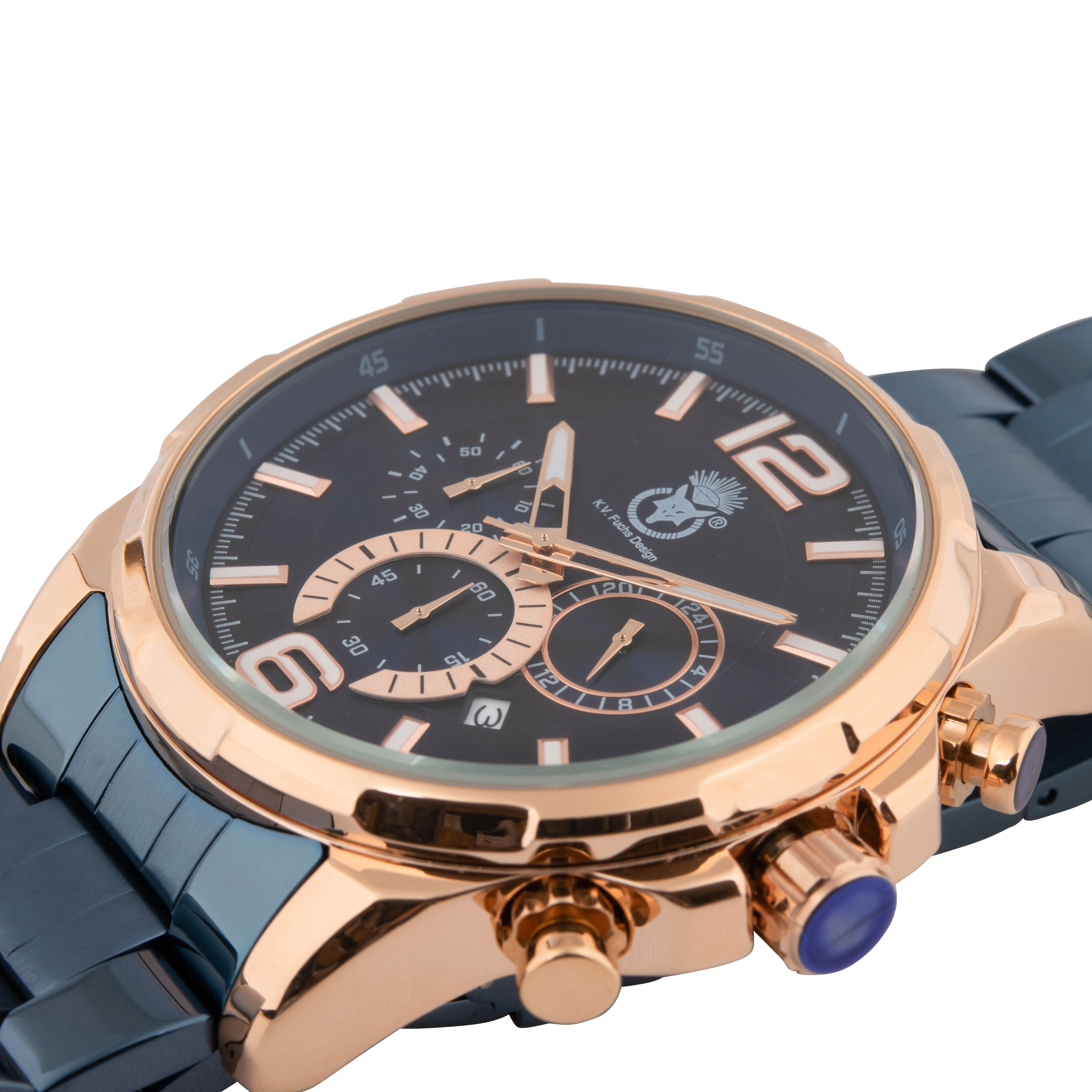 K.V. Fuchs Design Herren Quarzuhr analog Armbanduhr mit Faltschließe in blau, gold mit Edelstahlarmband in blau »U-99-02-Blau-Blau«