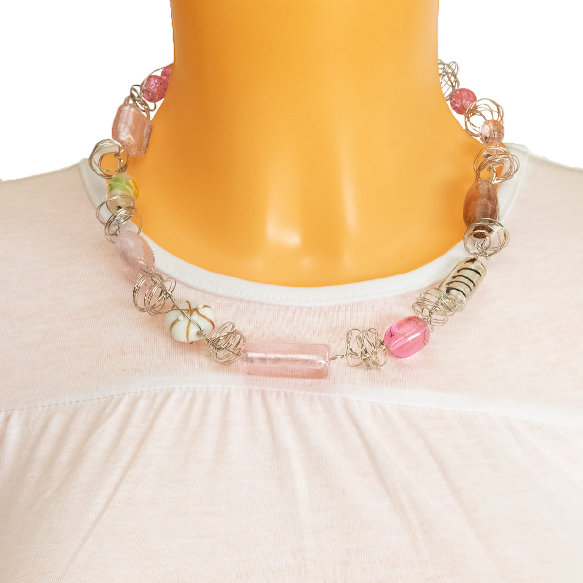 K.V. Fuchs Design Schmuck Damen Halskette in silber mit gewickeltem Draht und Schmucksteinen in pink, weiß »K-3502«