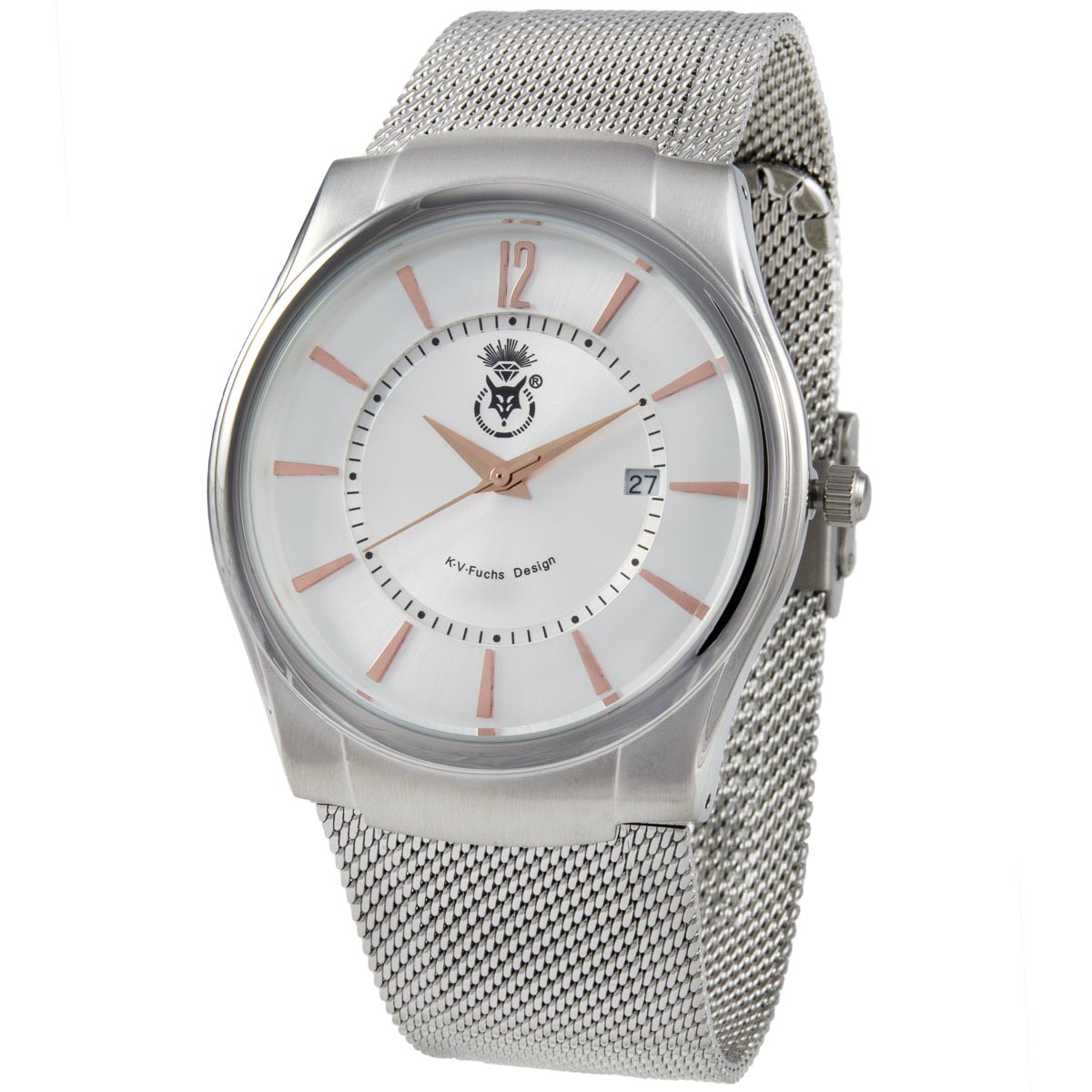 K.V. Fuchs Design Herren Quarzuhr analog Armbanduhr in silber mit Edelstahl Milanaise-Armband in silber »U-79-07-Silber«