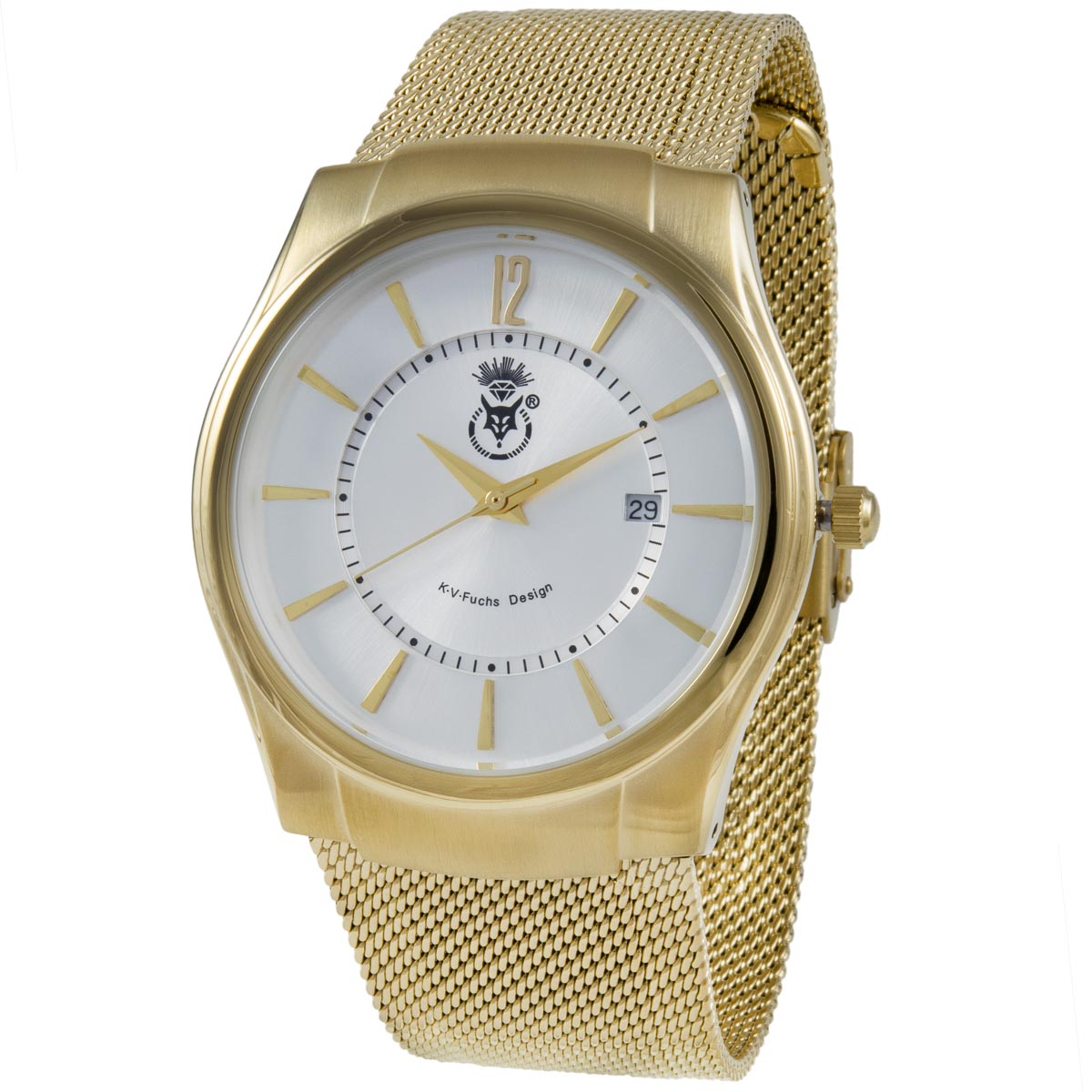 K.V. Fuchs Design Herren Quarzuhr analog Armbanduhr in gold, silber mit Edelstahl Milanaise-Armband in gold »U-79-07-Gold«