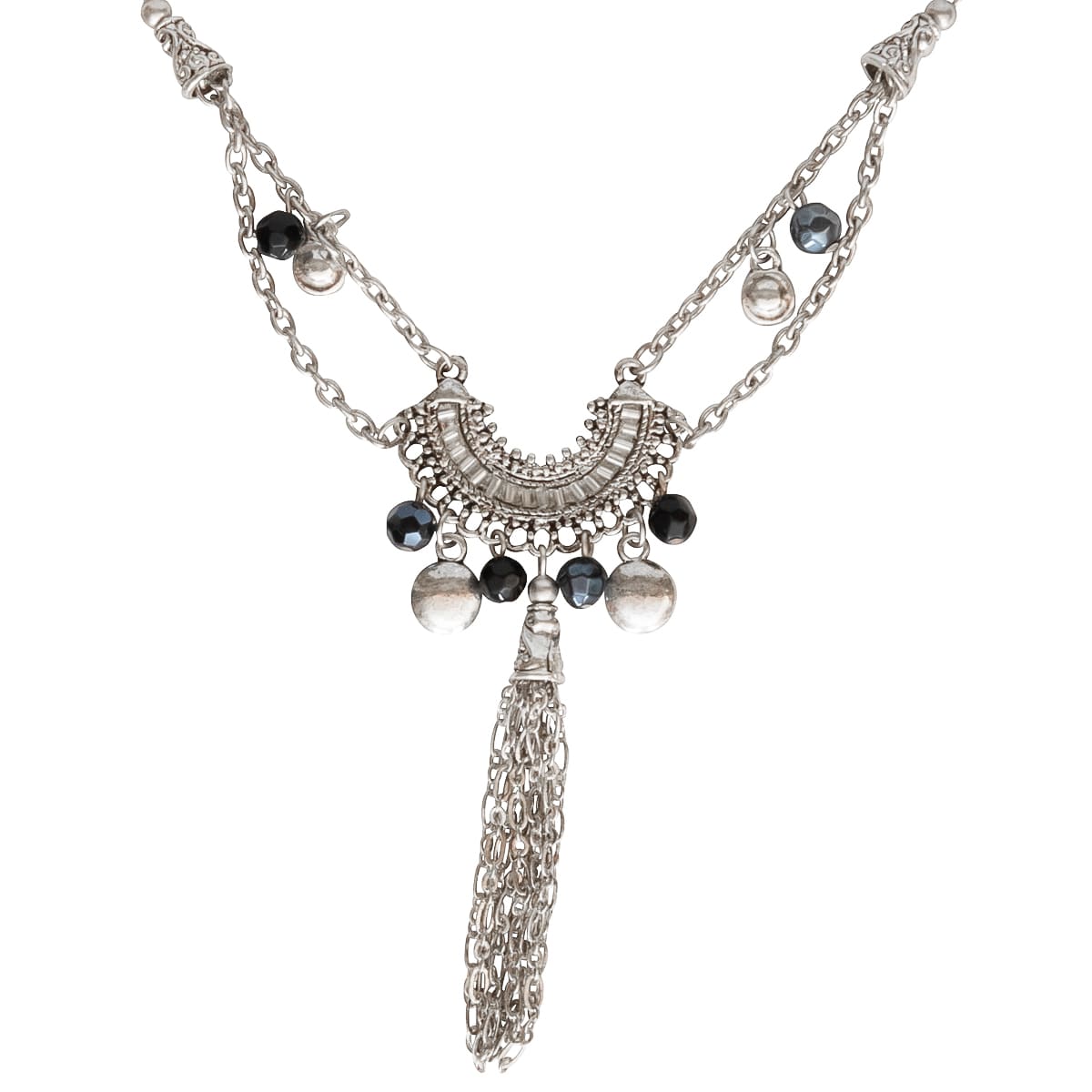 K.V. Fuchs Design Schmuck Damen Halskette in silber mit Quaste, Schmucksteinen in weiß und Perlen in blau, schwarz »K-2433«