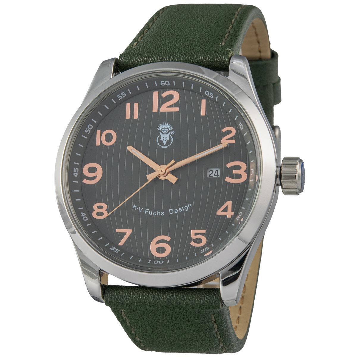 K.V. Fuchs Design Herren Quarzuhr analog Armbanduhr in silber, grau mit Lederarmband in grün »U-44-25-Silber«