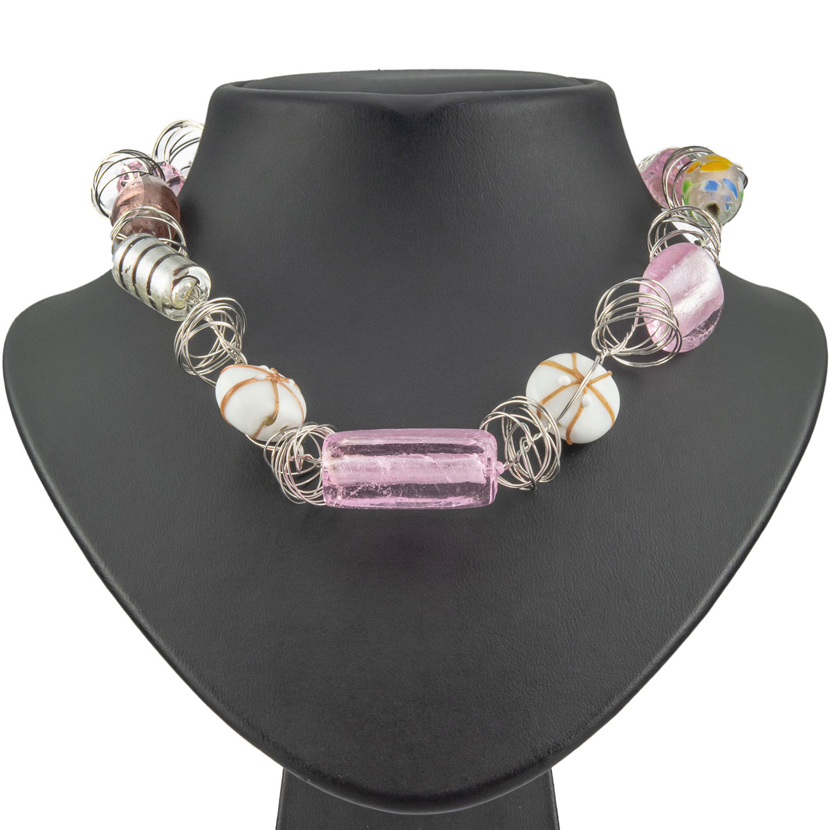 K.V. Fuchs Design Schmuck Damen Halskette in silber mit gewickeltem Draht und Schmucksteinen in pink, weiß »K-3502«