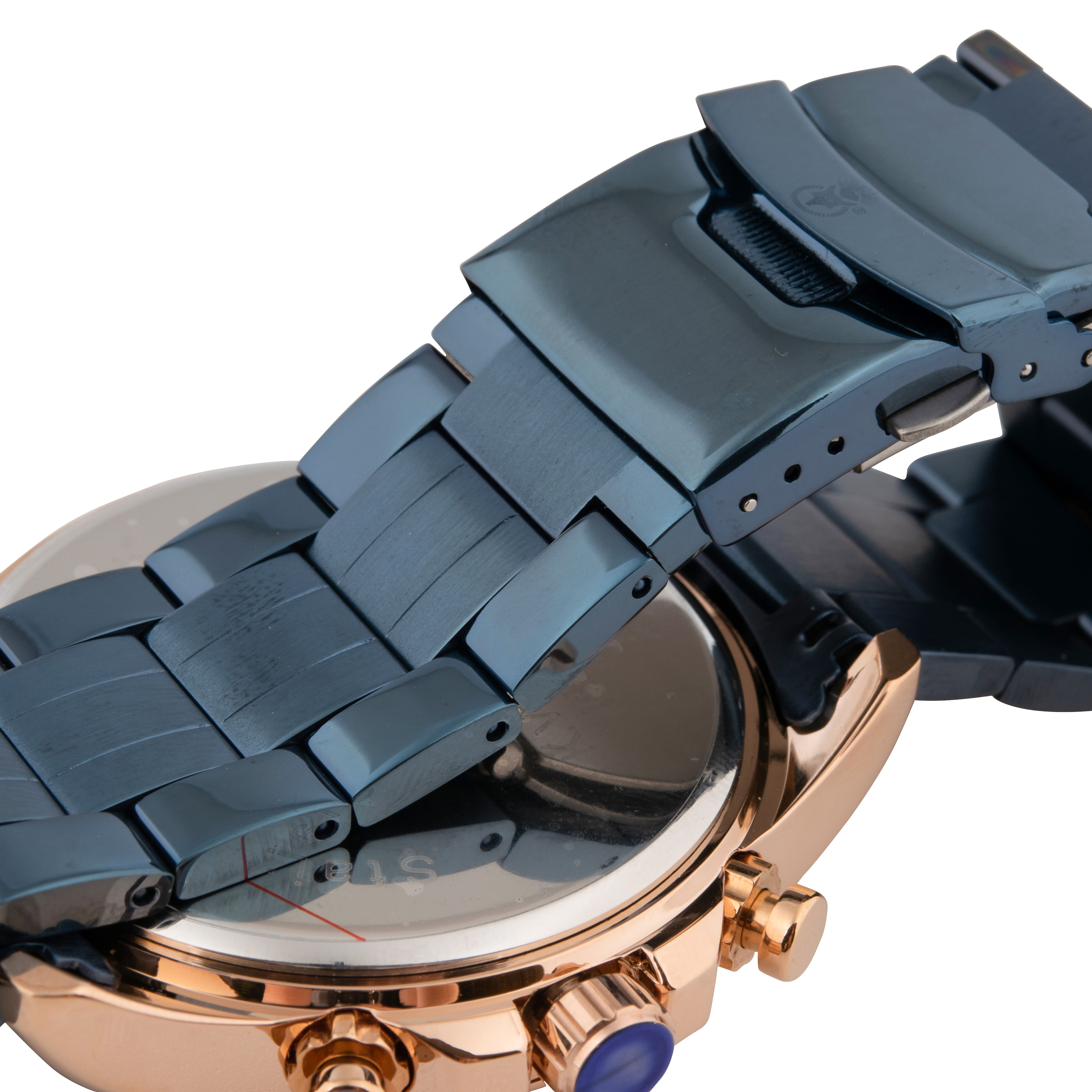 K.V. Fuchs Design Herren Quarzuhr analog Armbanduhr mit Faltschließe in blau, gold mit Edelstahlarmband in blau »U-99-02-Blau-Blau«