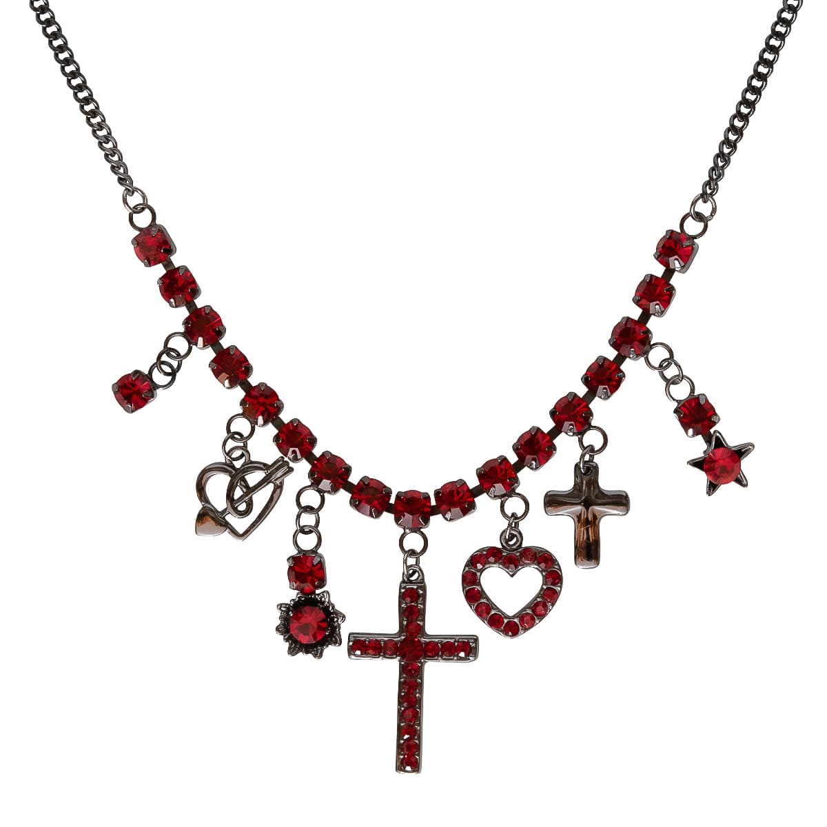 K.V. Fuchs Design Schmuck Damen Halskette in schwarz mit Anhängern Kreuz, Herz, Stern und Blume und Zirkonia in rot »K-3005«