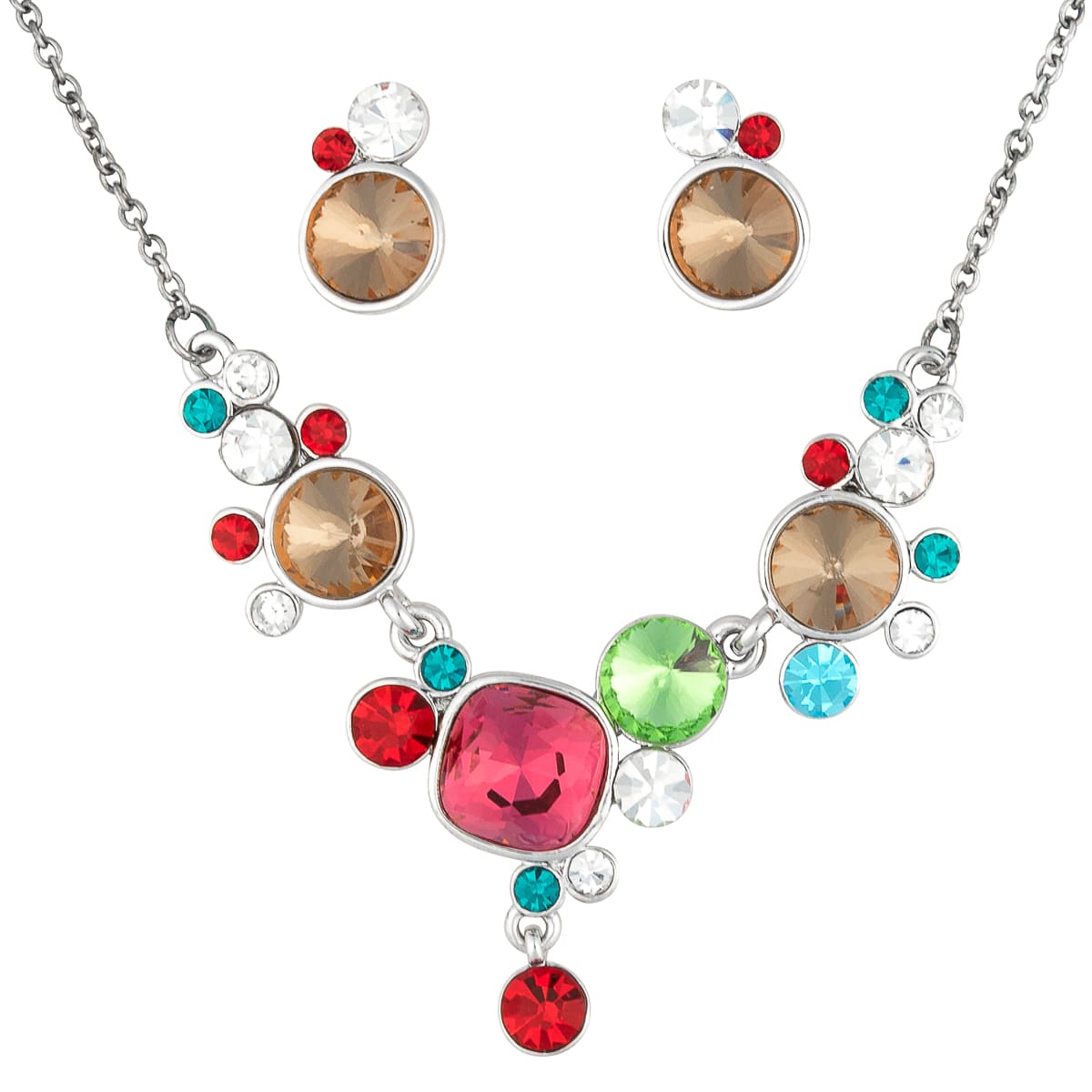 K.V. Fuchs Design Schmuck Damen Set Halskette und Ohrringe in silber mit Schmucksteinen in braun, grün, hellblau, pink, rot, weiß »Set-4504«