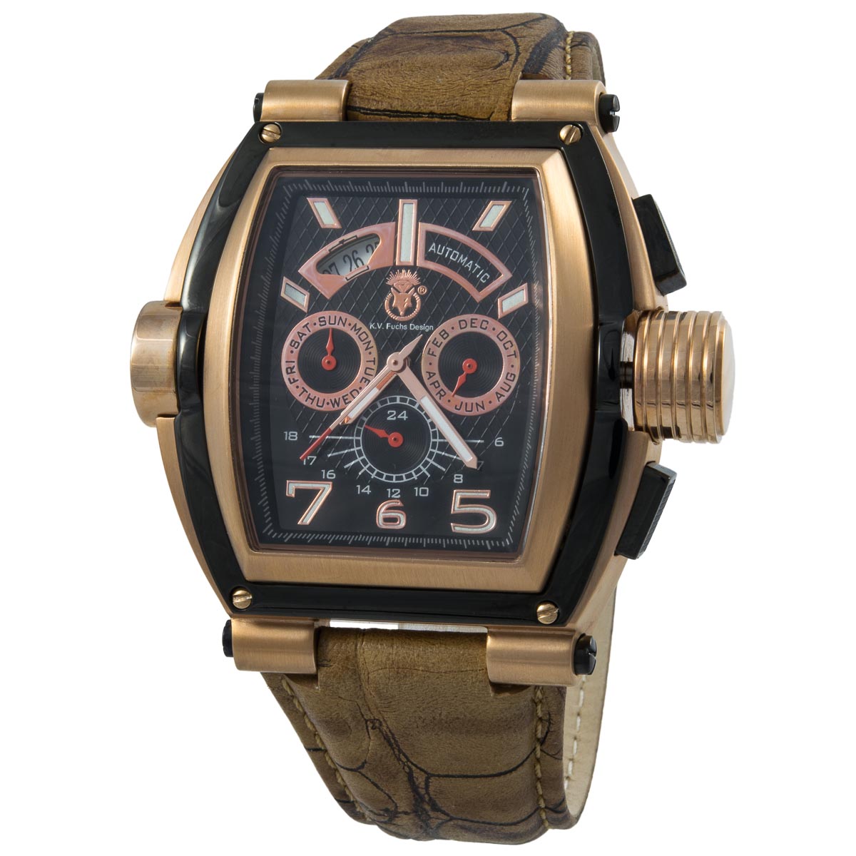 K.V. Fuchs Design Herren Automatikuhr Edelstahl Armbanduhr in rotgold, schwarz mit Lederarmband in braun »KVFH-Braun« K.V. Fuchs Design Herren Automatikuhr Edelstahl Armbanduhr in rotgold, schwarz mit Lederarmband in braun »KVFH-Braun«