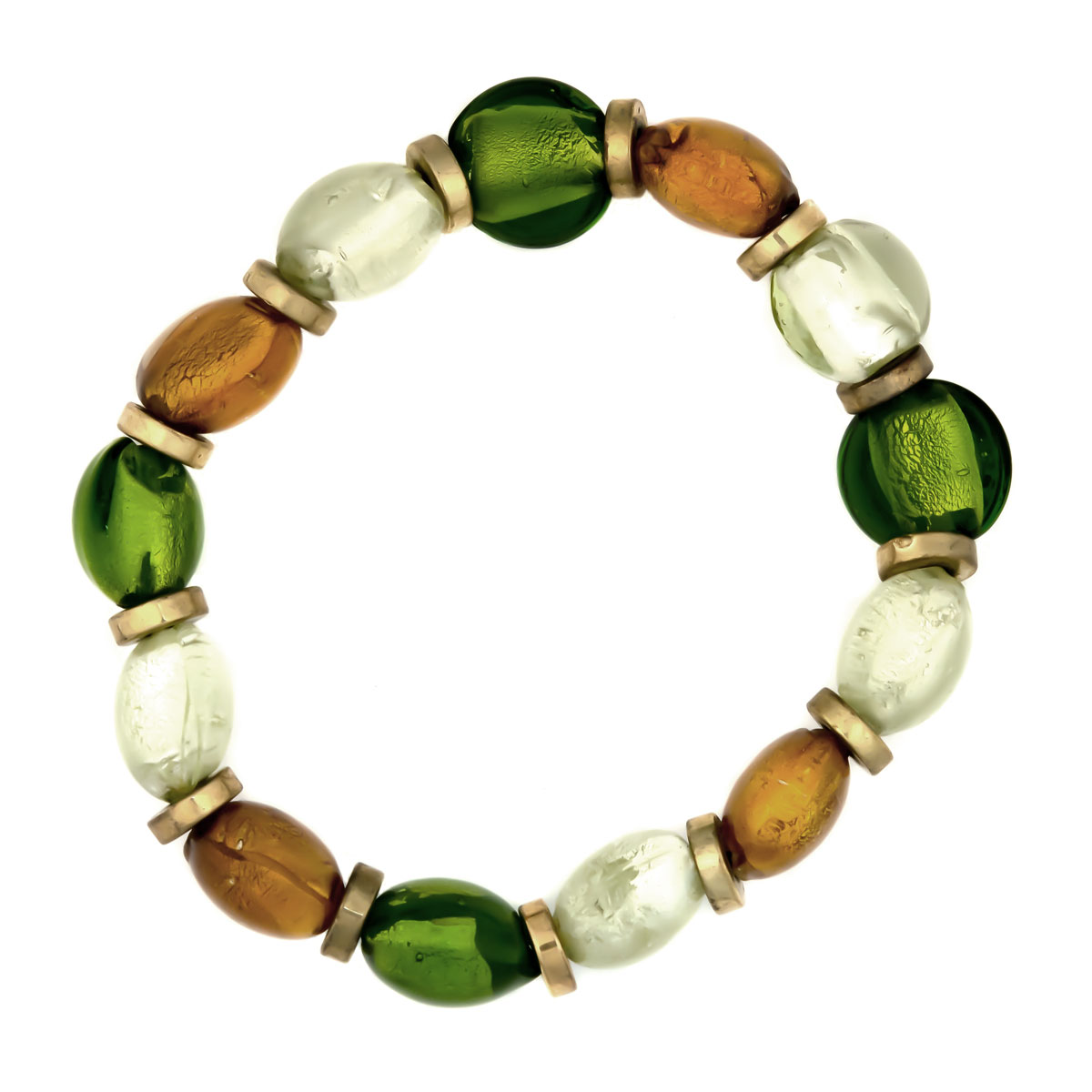 K.V. Fuchs Design Schmuck Damen Armband in gold mit elastischen Schnüren Muranoglas mit Glasperlen in grün-topas-weiß »A-RP-027«