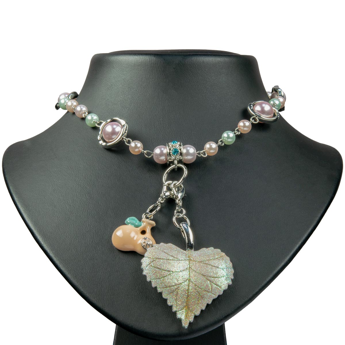 K.V. Fuchs Design Schmuck Damen Halskette in silber mit Anhängern Blatt und Kirschen, Perlen in beige, grün, rosa und Zirkonia in blau »K-3004«