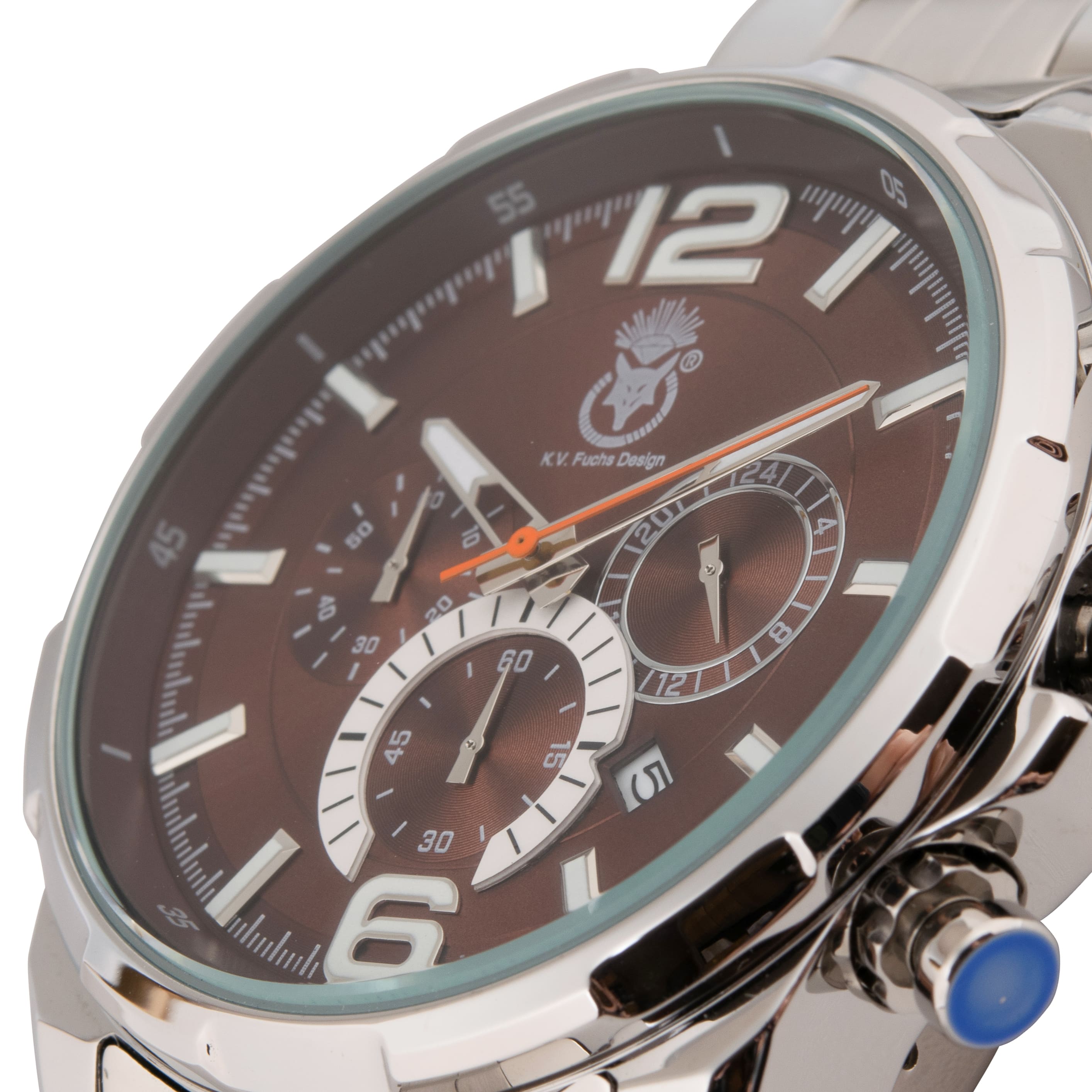 K.V. Fuchs Design Herren Quarzuhr analog Armbanduhr mit Faltschließe in braun, silber mit Edelstahlarmband in silber »U-99-02-Braun-Silber«