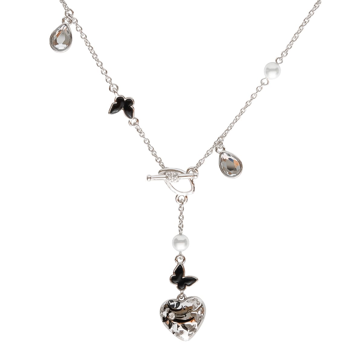 K.V. Fuchs Design Schmuck Damen Halskette in silber mit Schmetterlingen in schwarz und verzierter Anhänger Herz mit Zirkonia in weiß »K-2925«