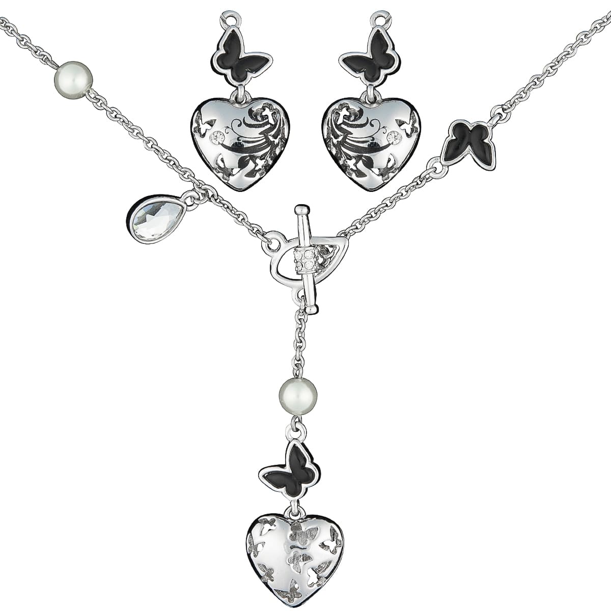 K.V. Fuchs Design Schmuck Damen Set Herzen Halskette und Ohrringe in silber mit Perlen in weiß und Schmucksteinen in weiß »Set-4507«