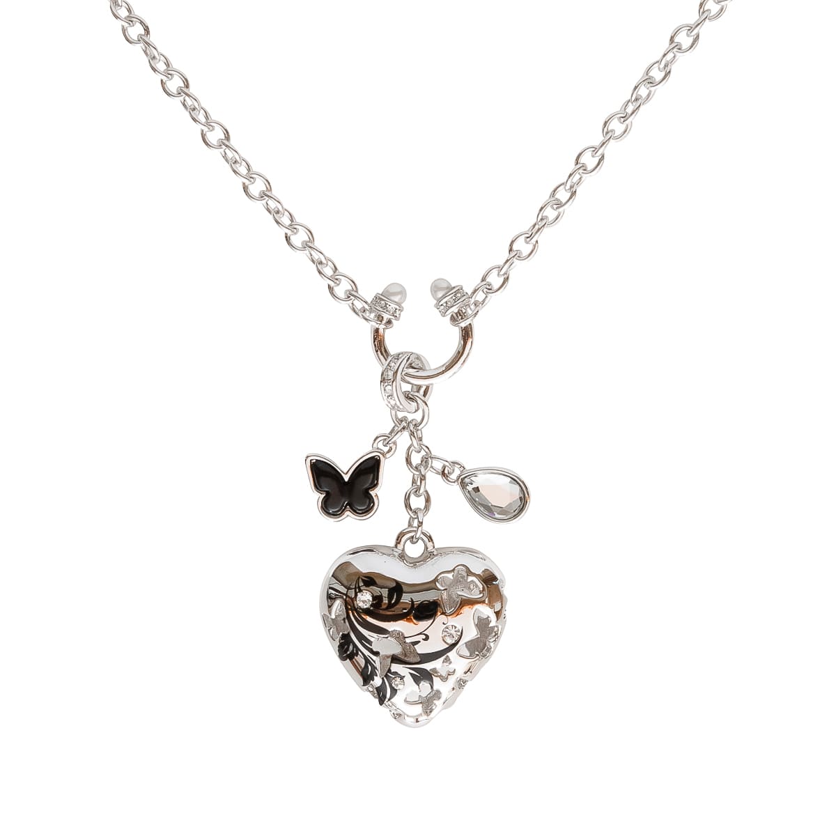 K.V. Fuchs Design Schmuck Damen Halskette in silber mit Schmetterling in schwarz und verzierter Anhänger Herz mit Zirkonia in weiß »K-2917«