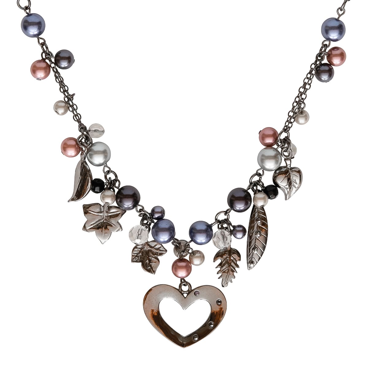 K.V. Fuchs Design Schmuck Damen Halskette in silber mit Herz, Perlen in rosa, schwarz, weiß und Zirkonia in grau, schwarz »K-3002«