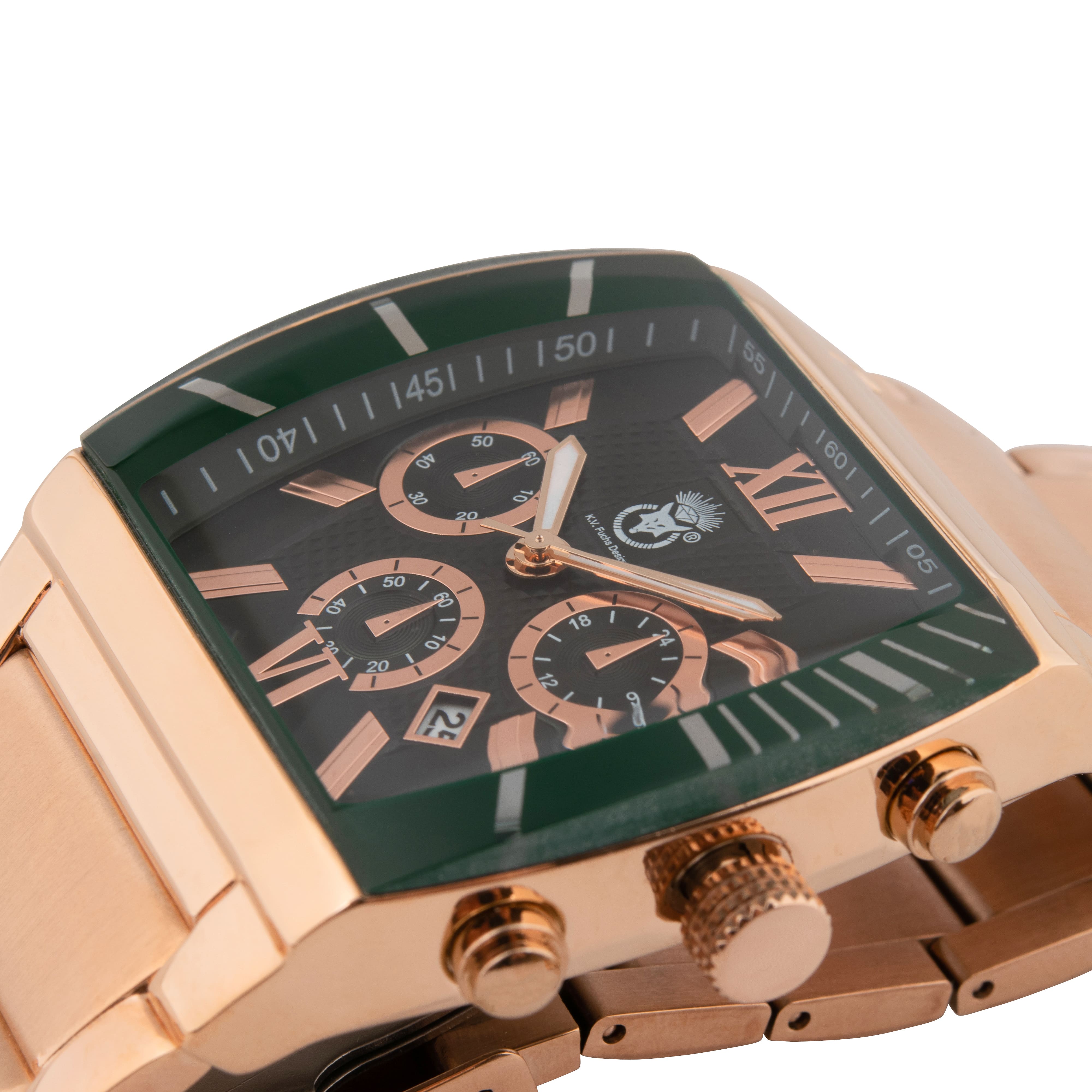 K.V. Fuchs Design Herren Quarzuhr analog Armbanduhr mit Faltschließe in rotgold, grün mit Edelstahlarmband in rotgold »U-99-01-Grün-Rotgold«