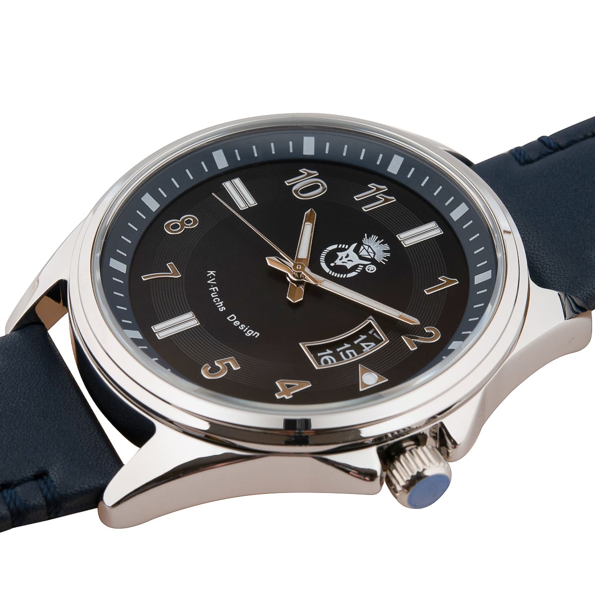 K.V. Fuchs Design Herren Quarzuhr analog Armbanduhr in blau, silber mit Lederarmband in blau »U-69-06-Blau-Silber«