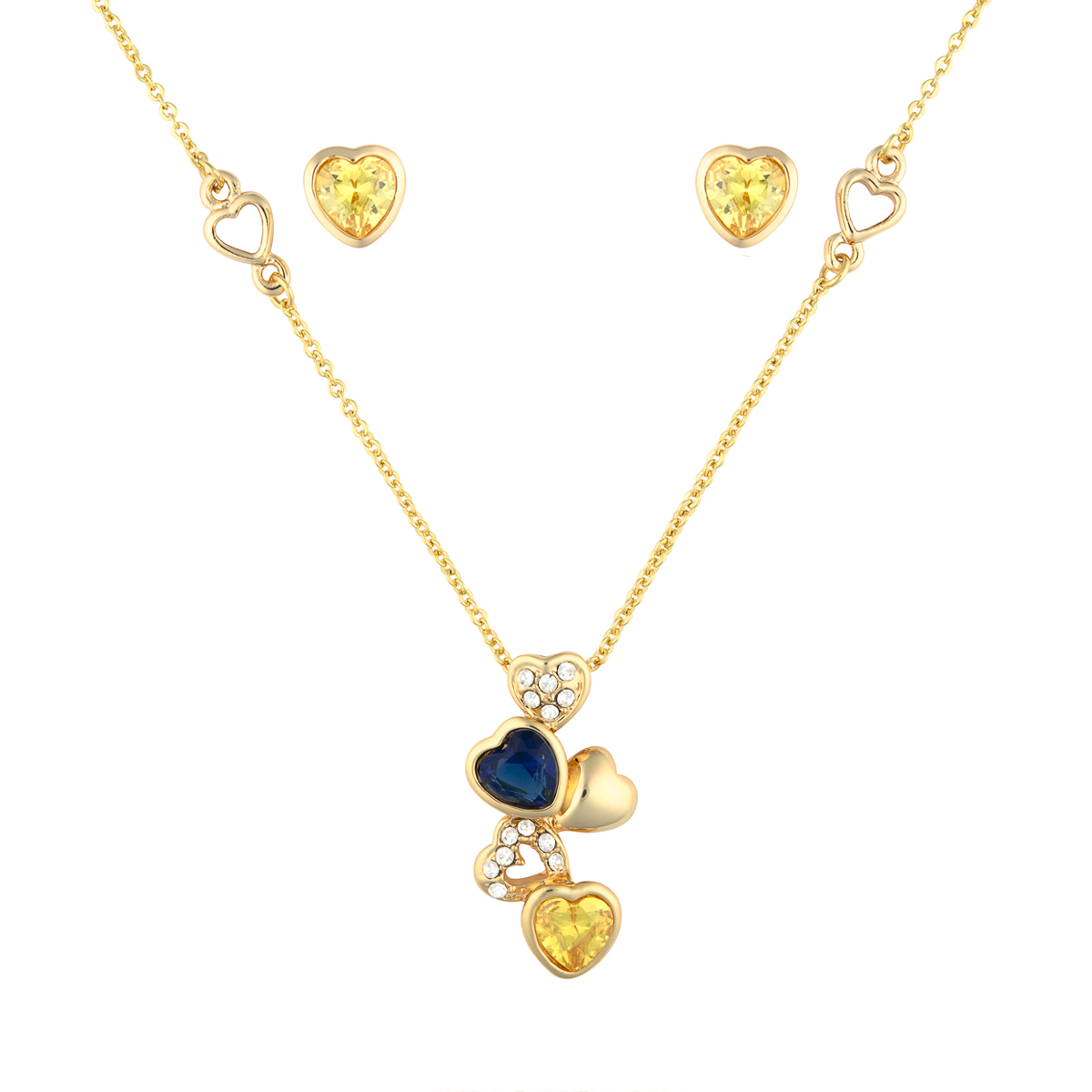 K.V. Fuchs Design Schmuck Damen Set mit Herzen Halskette und Ohrringe in gold mit Schmucksteinen in blau, gelb und Zirkonia in weiß »Set-3901«